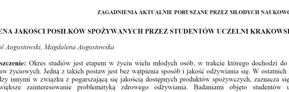 Ocena jakości posiłków spożywanych przez studentów krakowskich